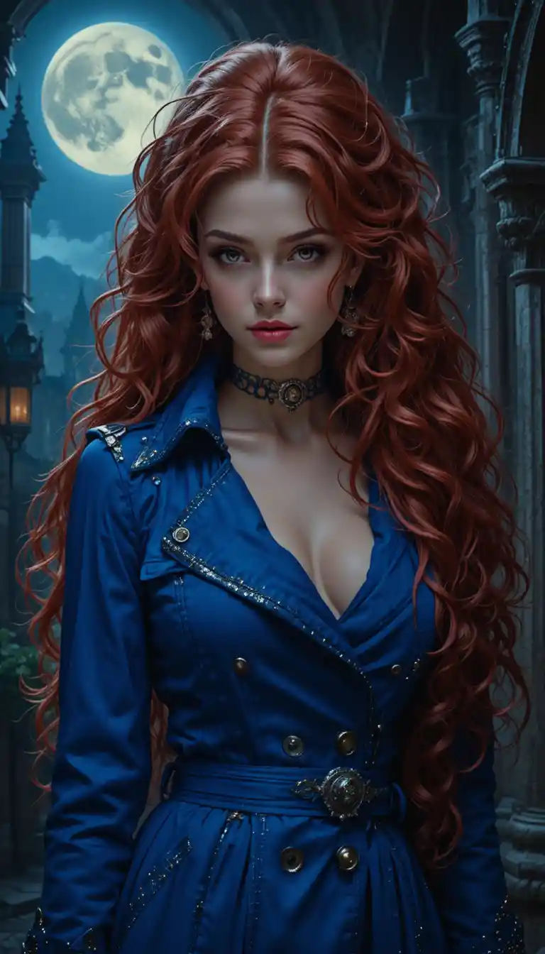 Scarlet haired woman in blue coat in gothic castle