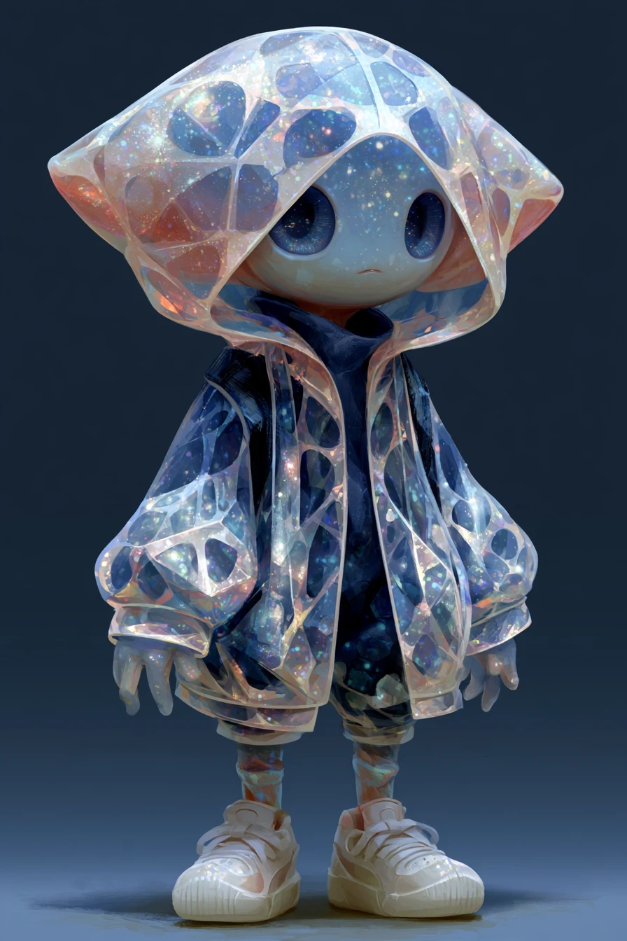 Opalescent alien creature with shining eyes on dark background