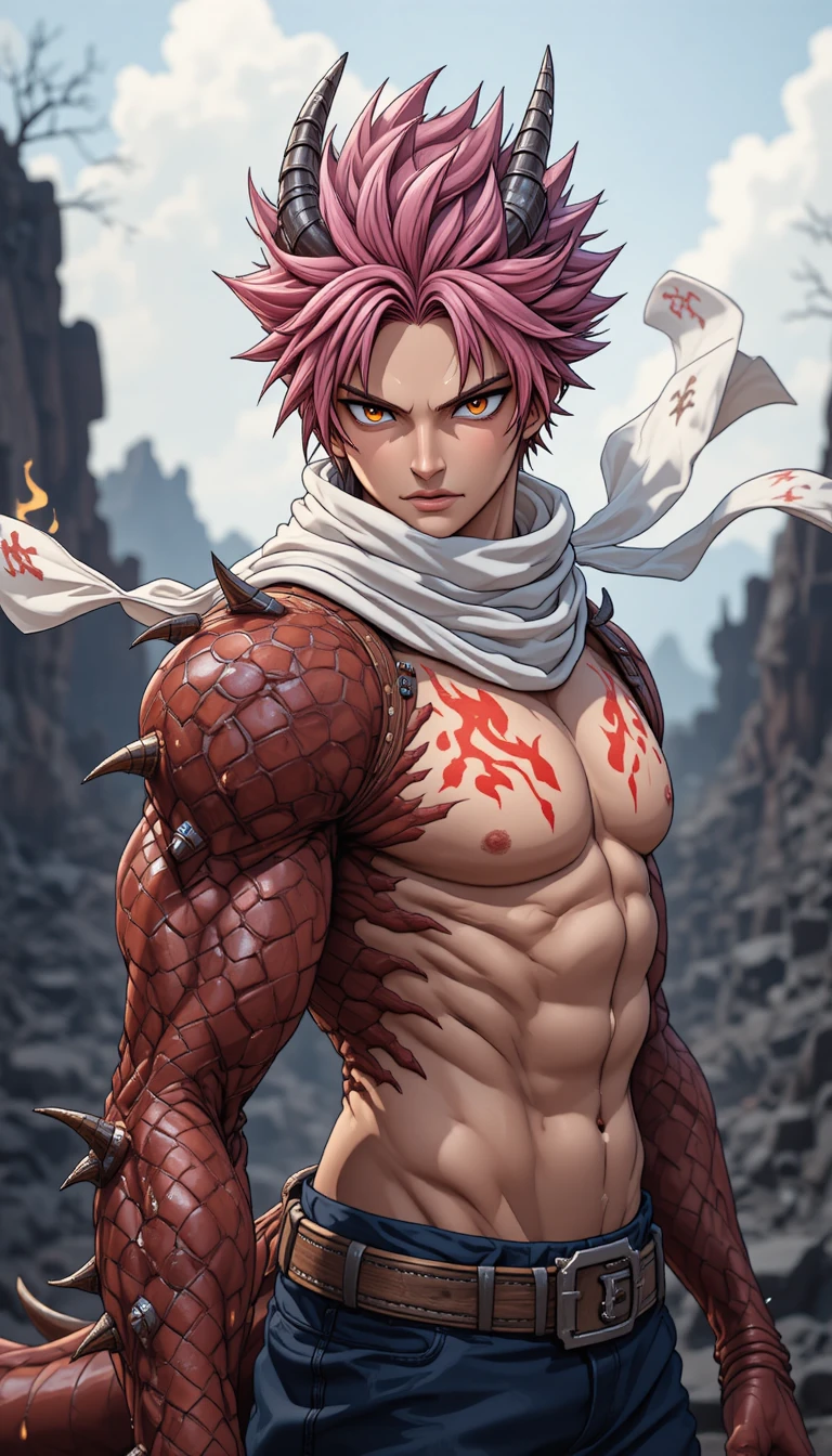 Anime warrior with dragon arm in rocky wasteland scene