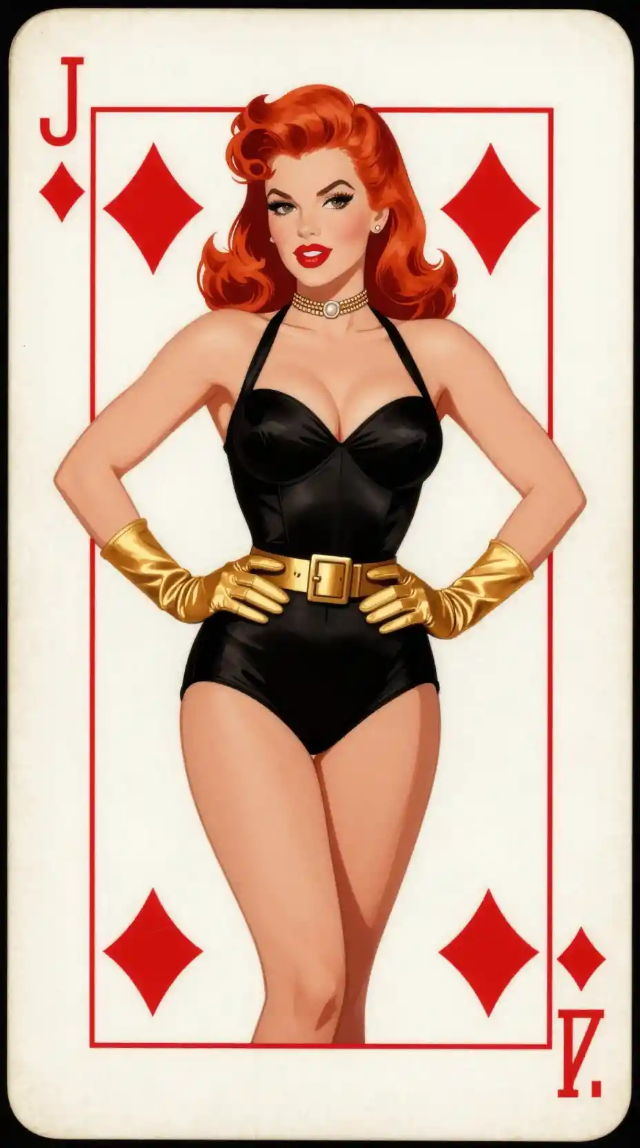 Pin up redhead on vintage jack of diamonds playing card