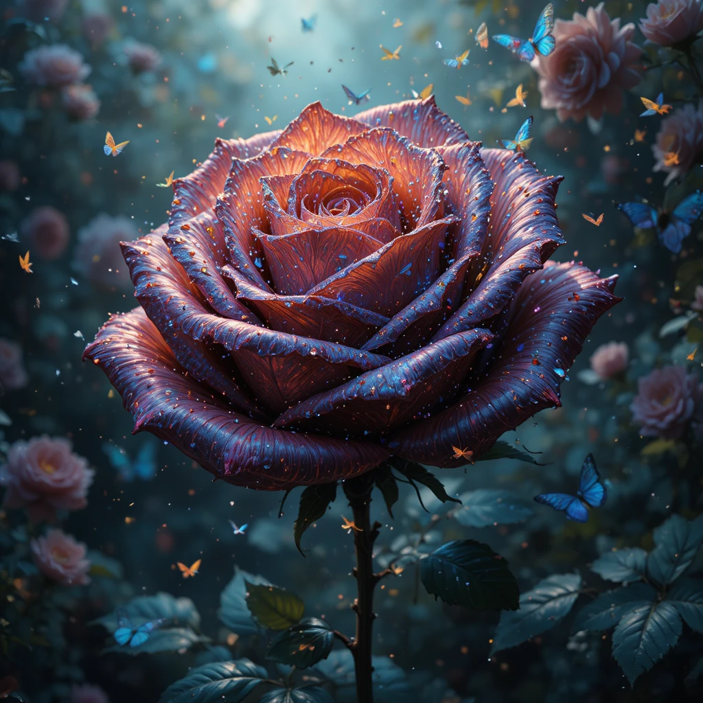 Single butterfly rose glowing in a mystical fantasy garden