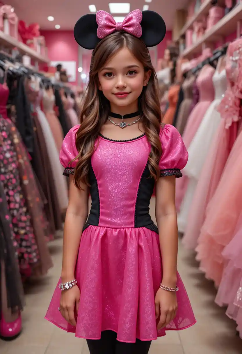 Young girl in pink minnie dress at disney shop