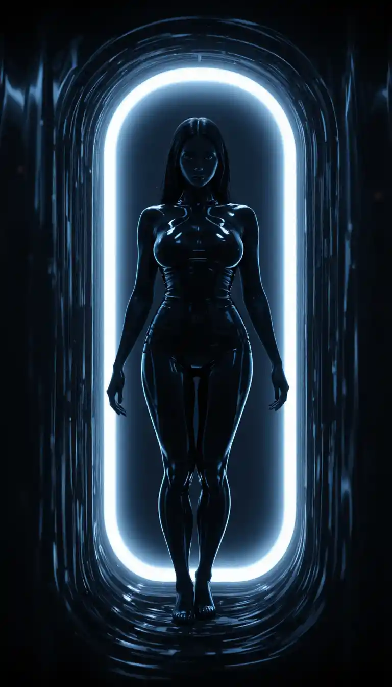 Cinematic silhouette of a woman sealed in glossy black latex