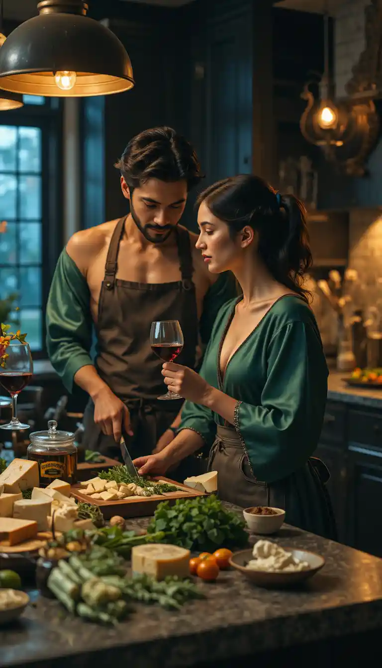Intimate couple preparing dinner in a warmly lit kitchen