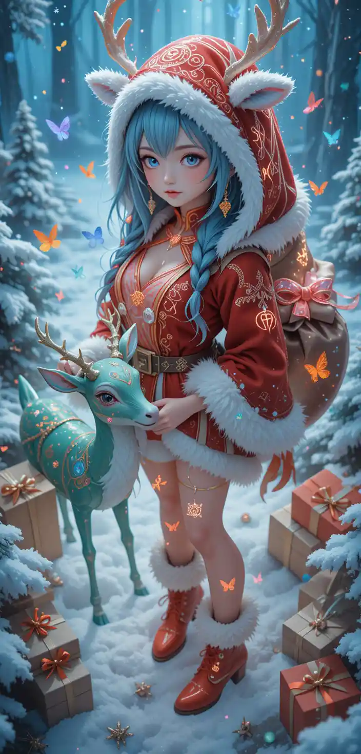 Anime reindeer girl in snowy fantasy Christmas scene