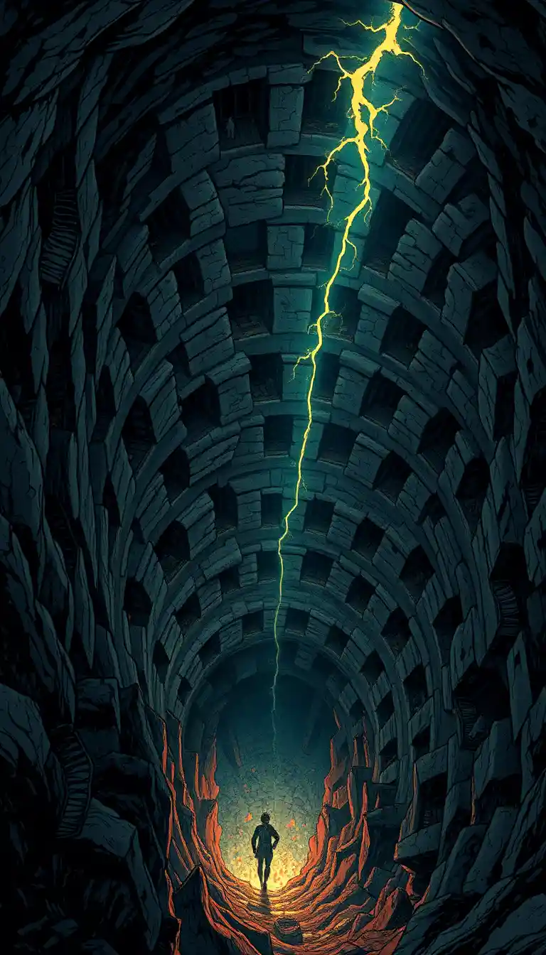 Ancient spiral prison cells sinking into a glowing abyss