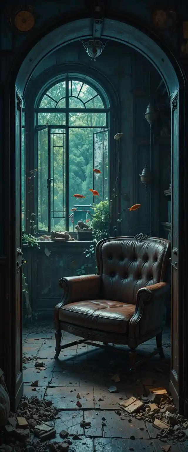 Fish in an aquarium resting on a worn leather armchair