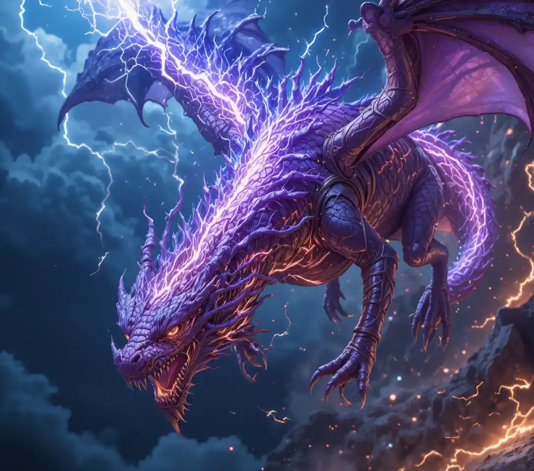 Armored crystal dragon diving through stormy sky