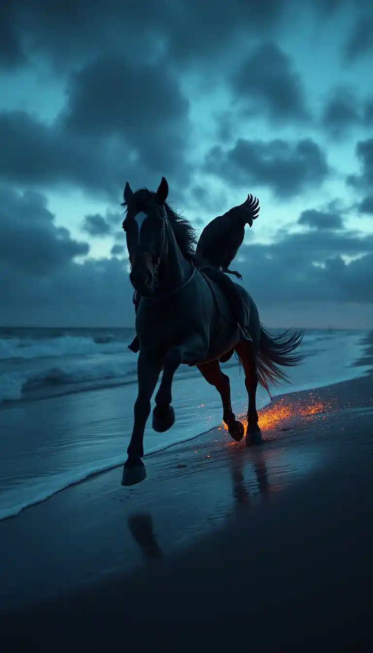 Hybrid creature galloping along a midnight beach shoreline