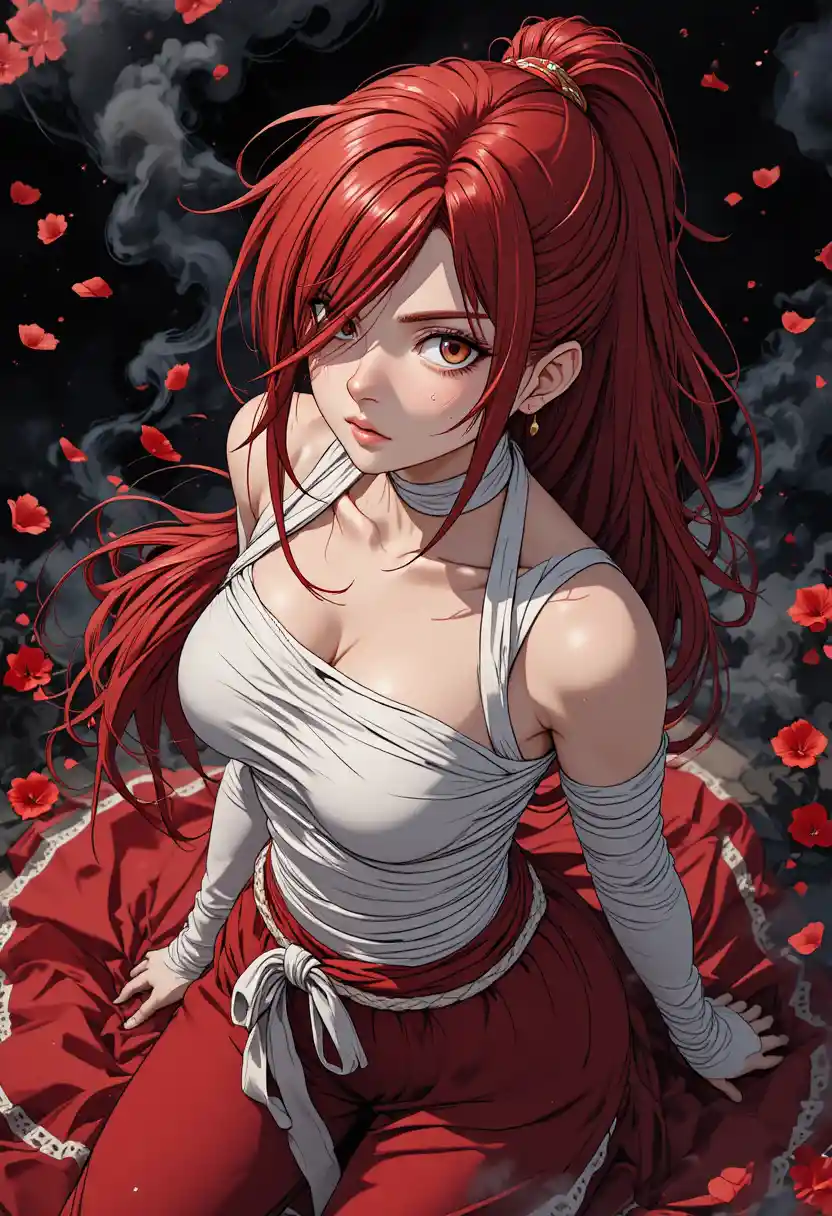 Anime warrior woman looking up in red hakama pants