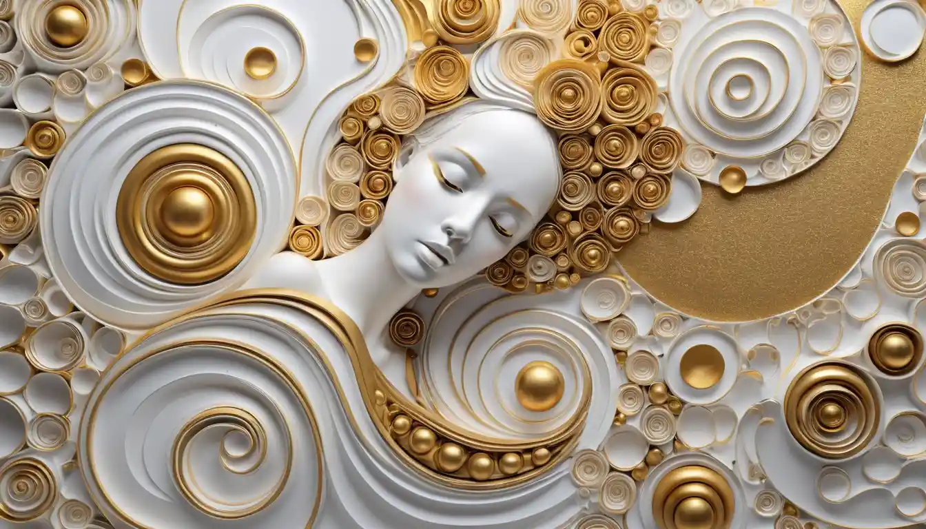 White and gold abstract 3D artwork with layered forms