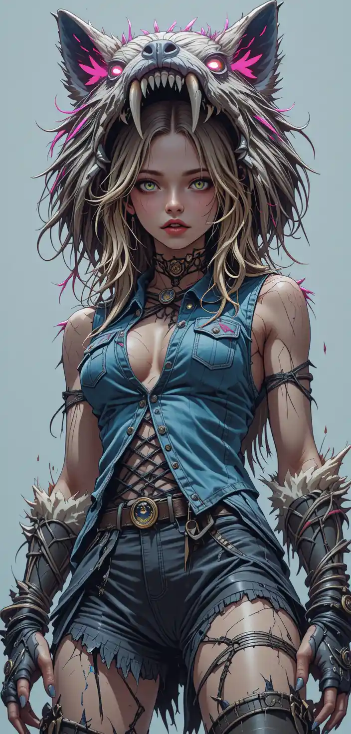 Battle ready anime girl in wolf headdress with neon fur