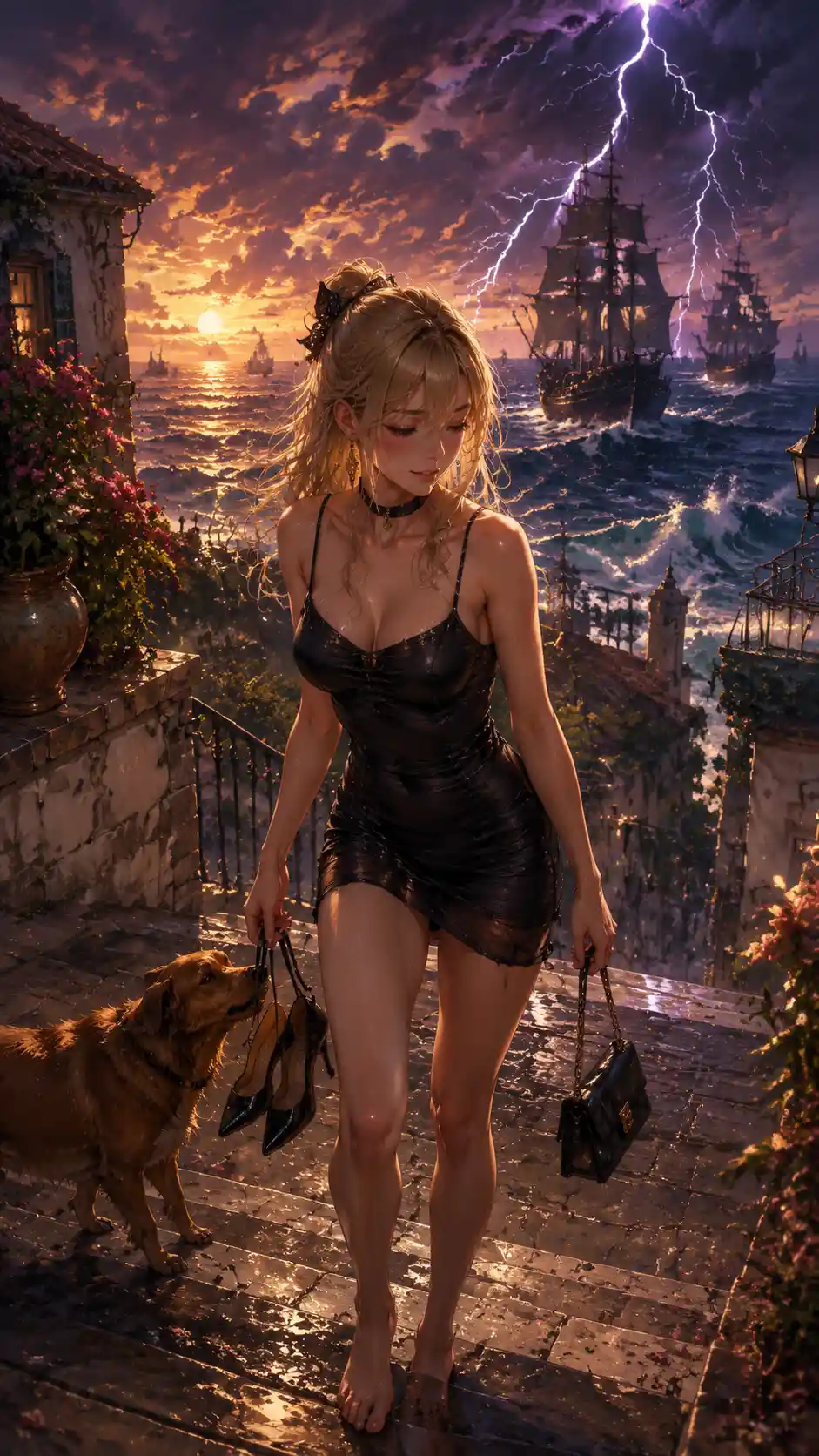 Barefoot blonde anime girl in a sunlit courtyard