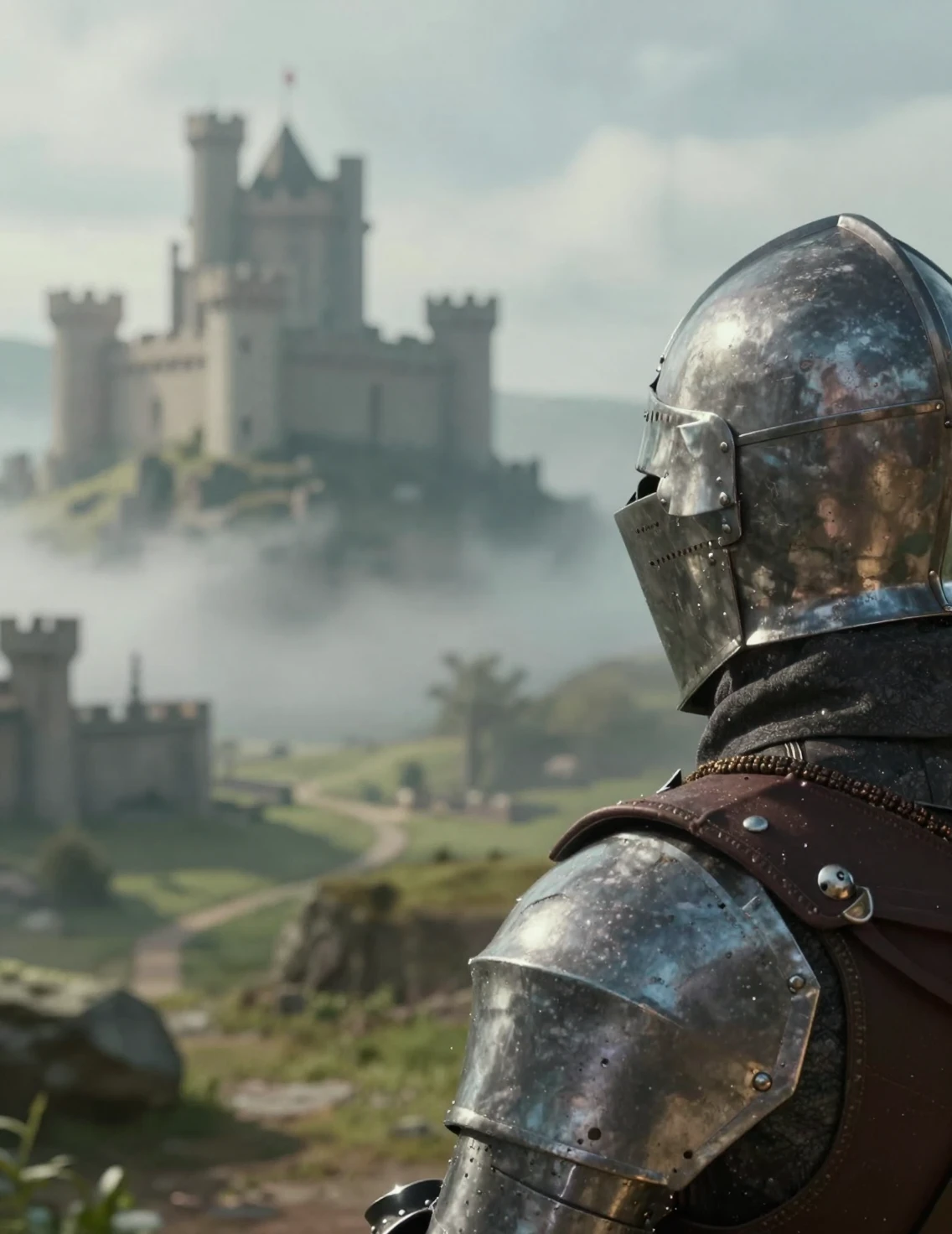 Medieval knight overlooking a misty valley castle from behind