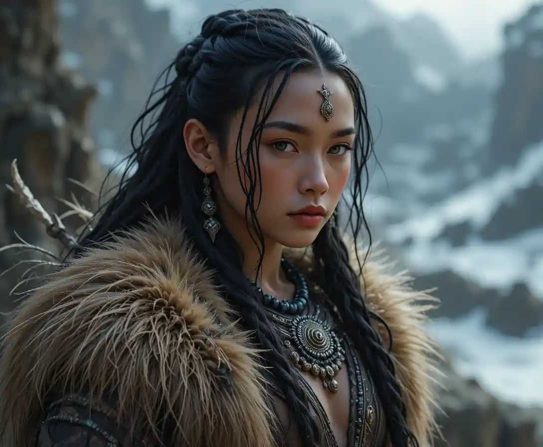 Arctic druid woman in furs and leather with braided hair