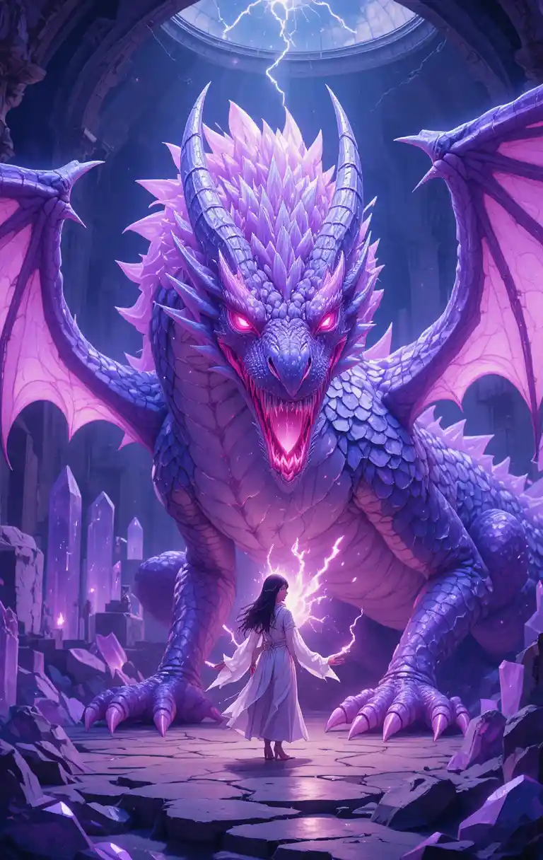 Close up anime dragon in a glowing crystal room