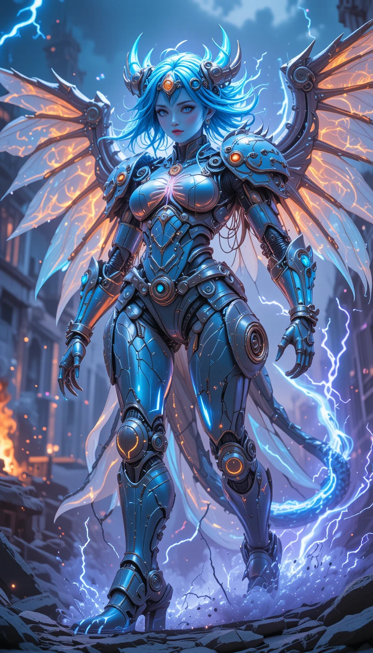 Clockwork ice queen in a glowing ruined fantasy city