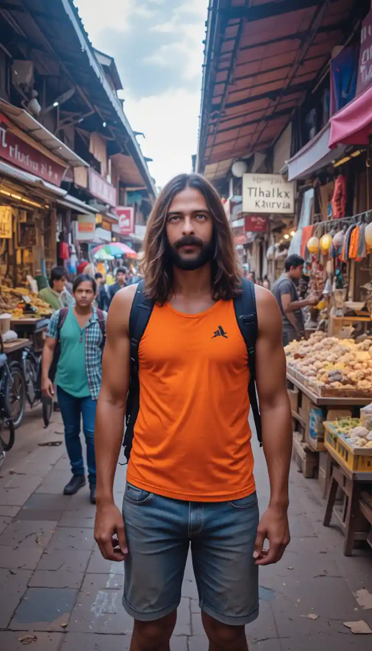 Smiling tourist in orange tank top at busy Thai market