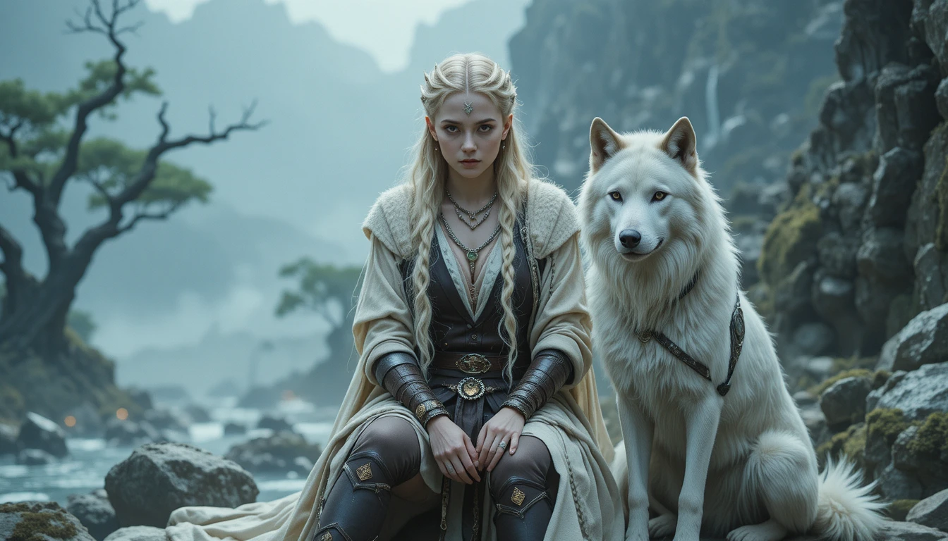Ethereal female warrior with white wolf in misty mountains