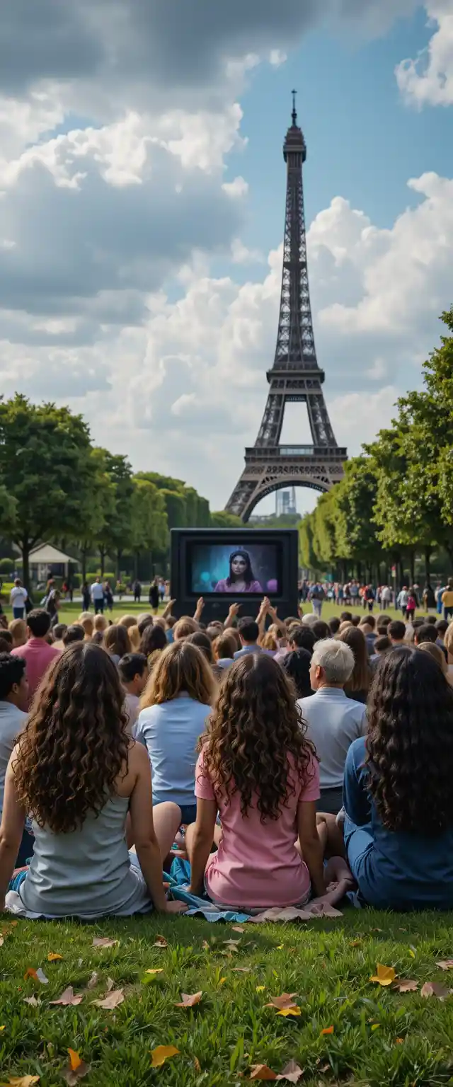 Diverse group of middle school students watching TV in Paris park