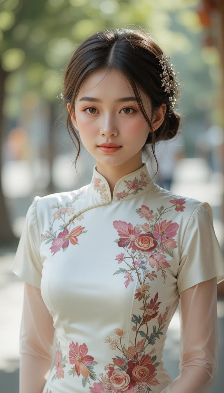Vietnamese woman wearing a traditional flowing ao dai dress