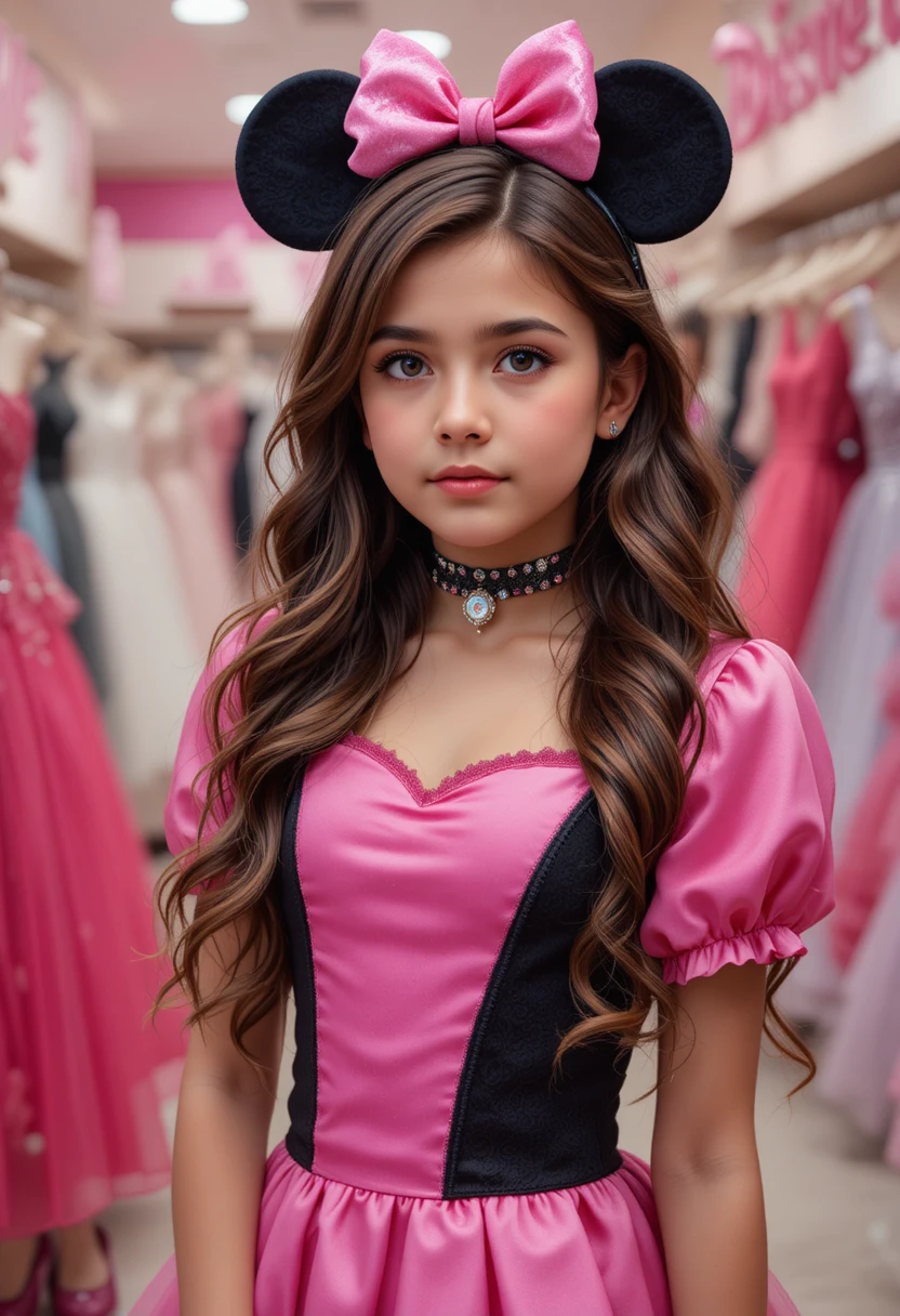 Stylish young girl in pink Minnie dress at boutique