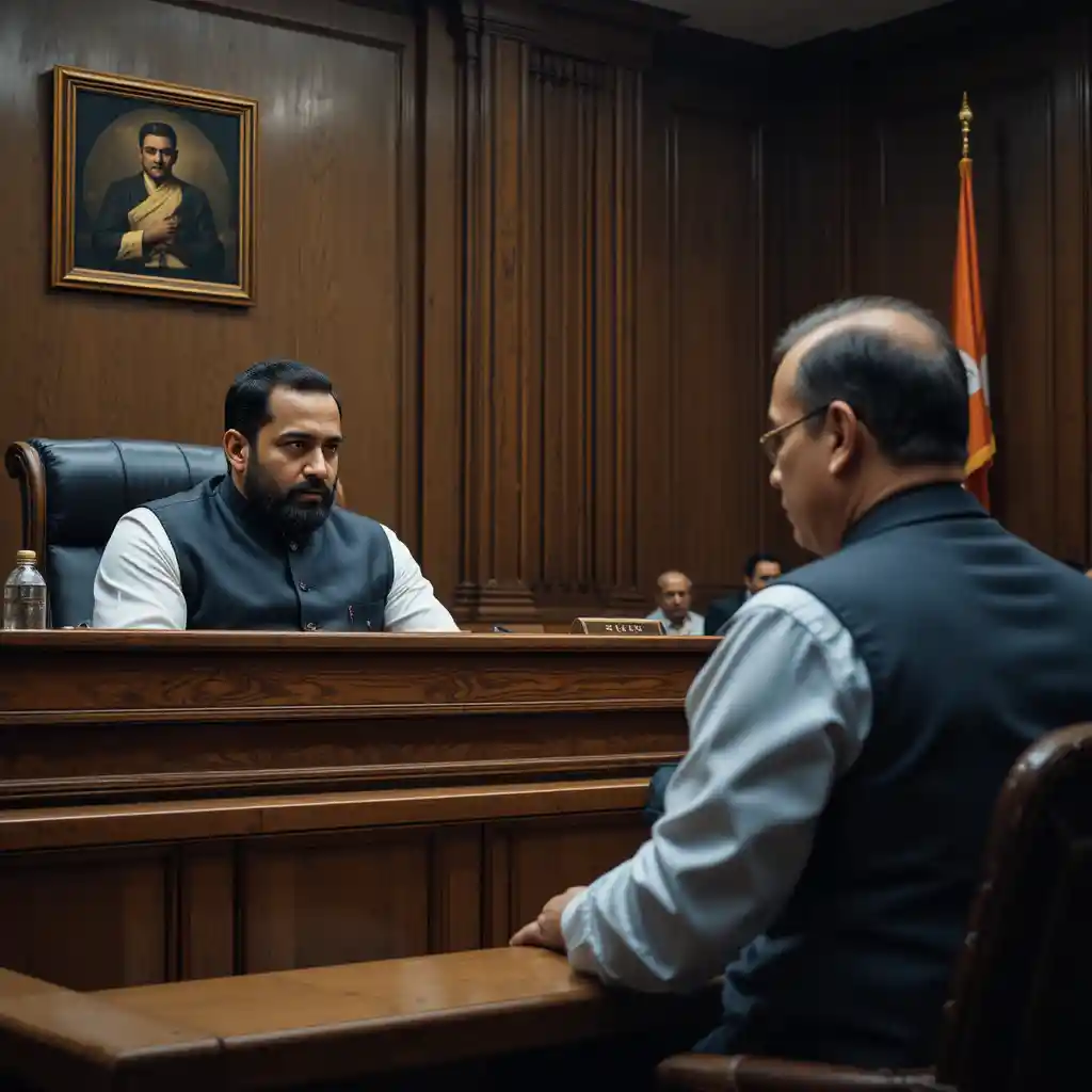 Solemn judge listening to regretful politician in courtroom