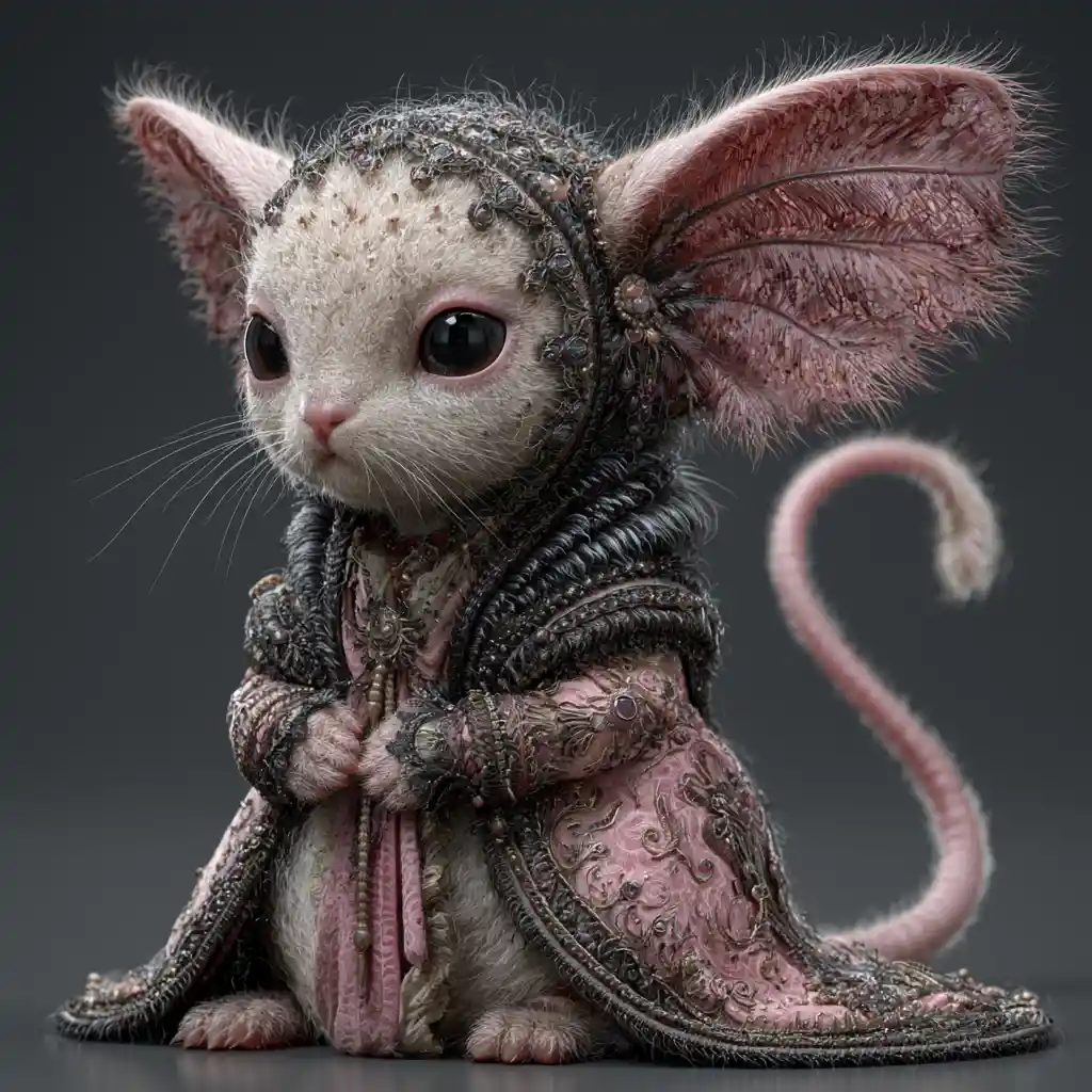 Cute bizarre fantasy creature on a dark void background