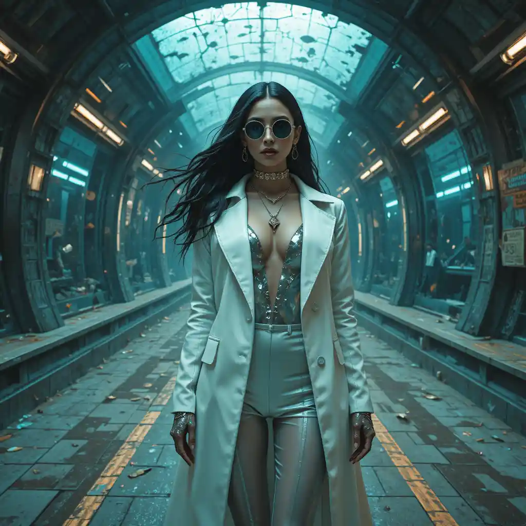 Cyberpunk fashion woman in flooded underwater metro station