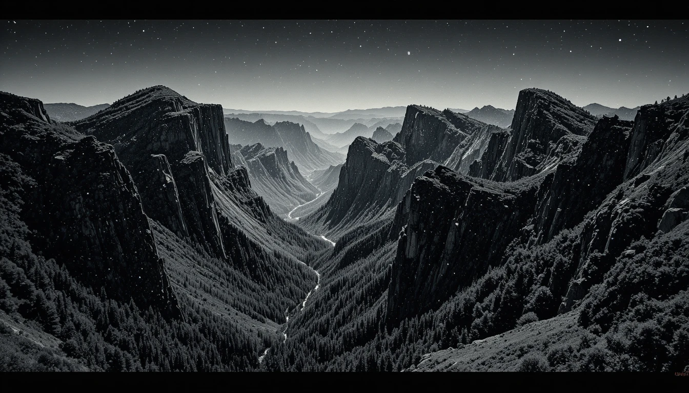 Panoramic black and white mountain landscape in daylight