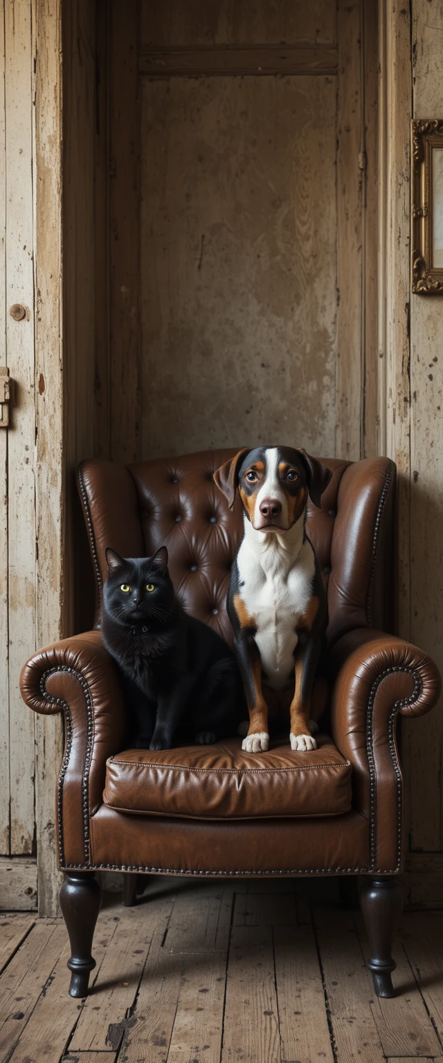 Black dog and cat on worn leather armchair indoors