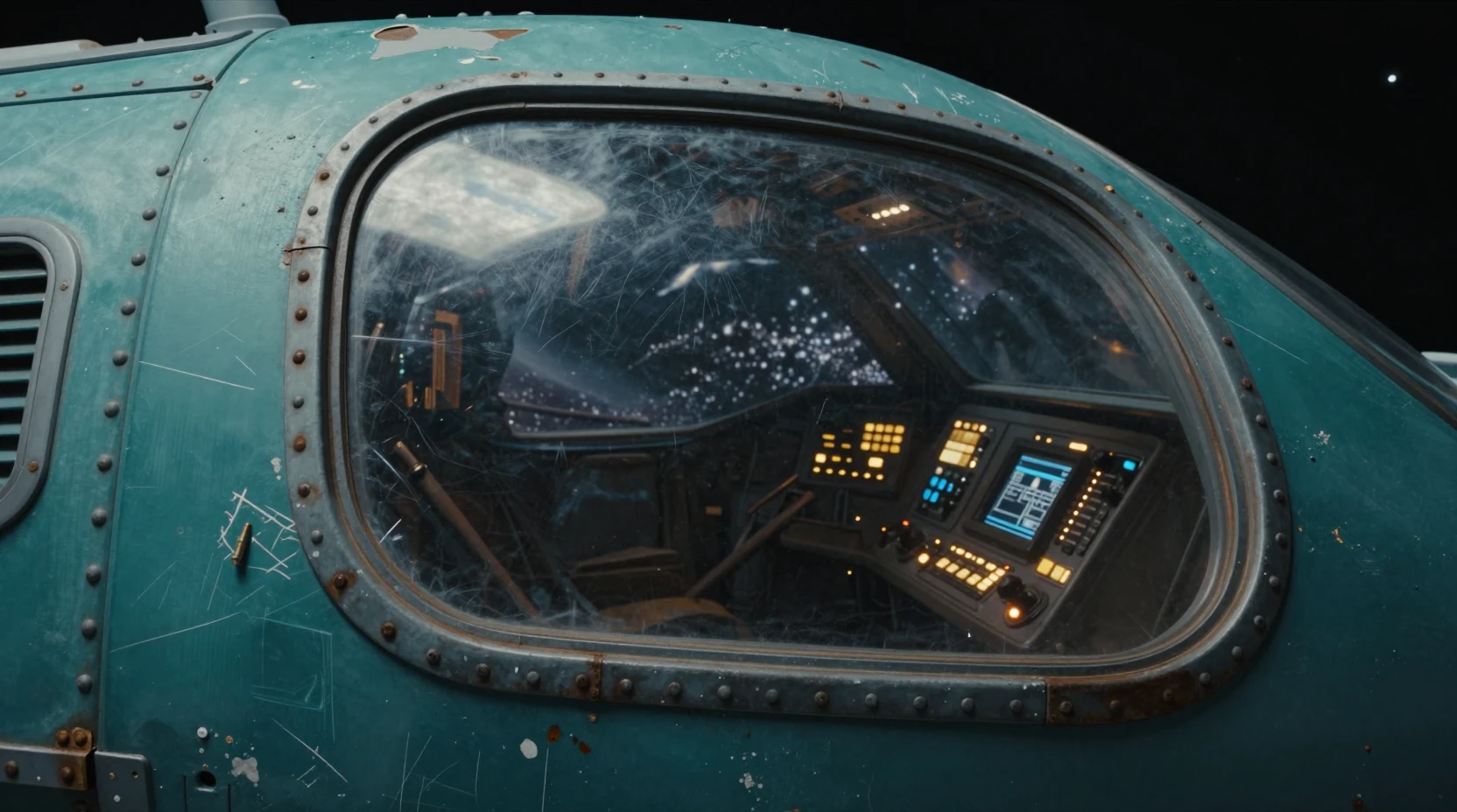 Close up cockpit window of a battered teal spaceship