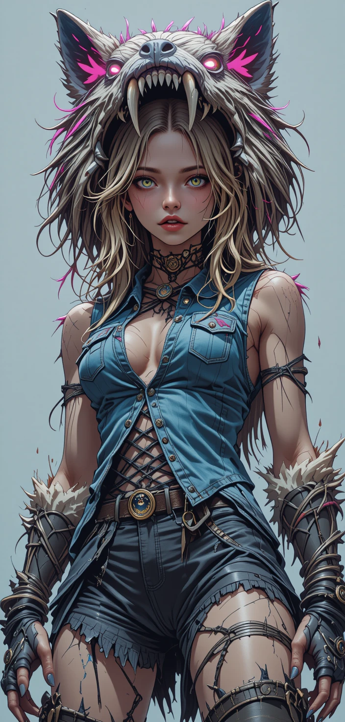Battle ready anime girl in wolf headdress with neon fur