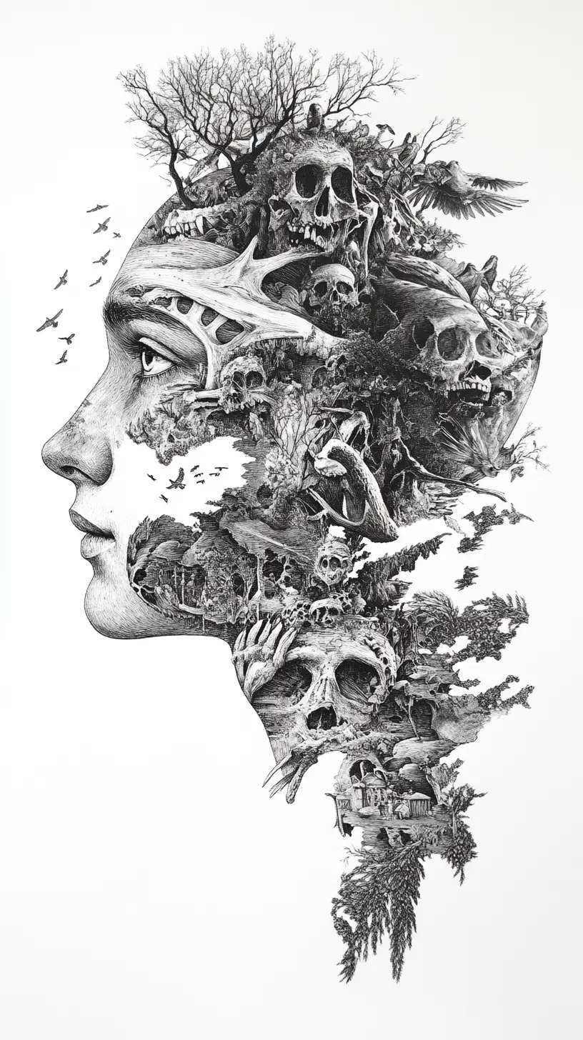 Surreal profile portrait with inner eye and bone landscape