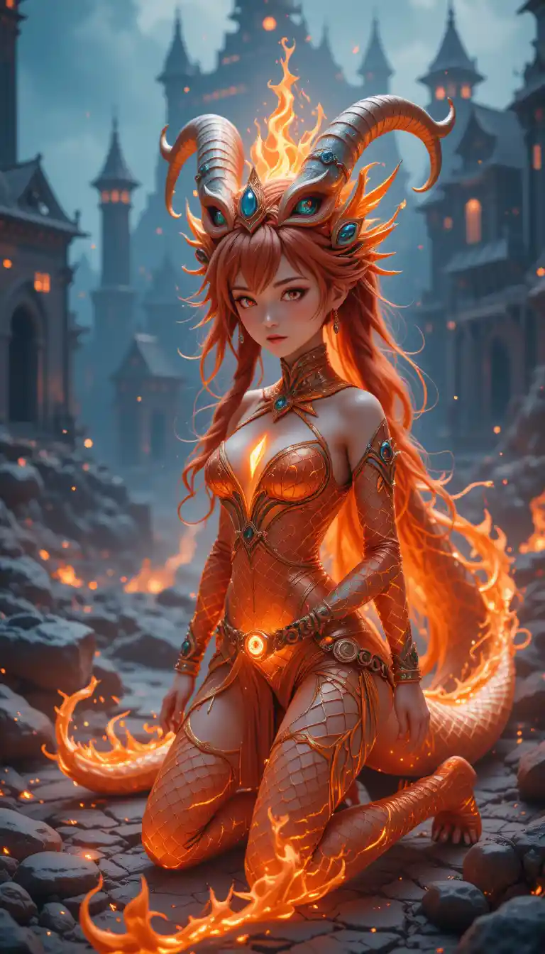 Fire elemental girl and dragon before a glass lava castle