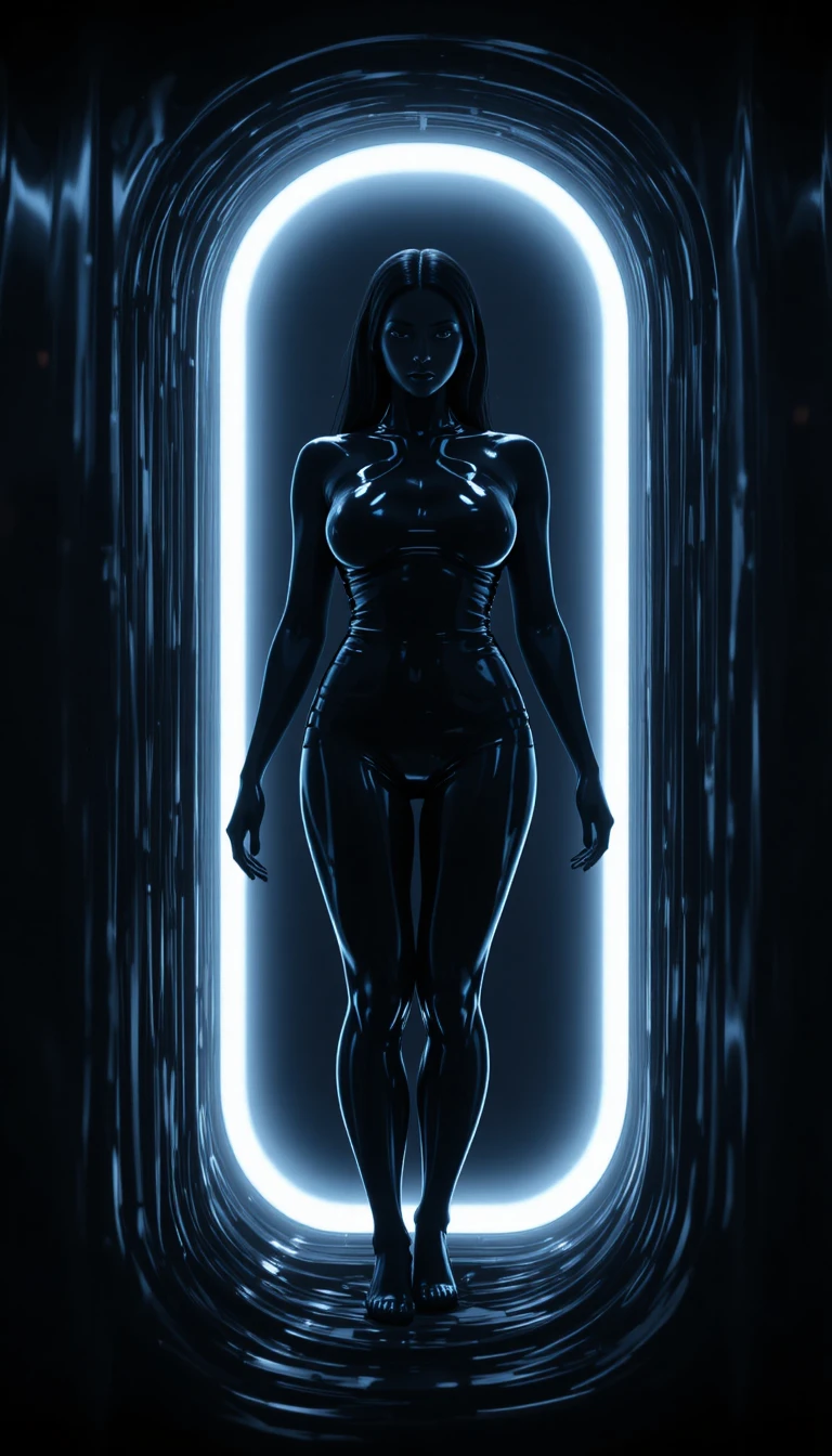 Cinematic silhouette of a woman sealed in glossy black latex