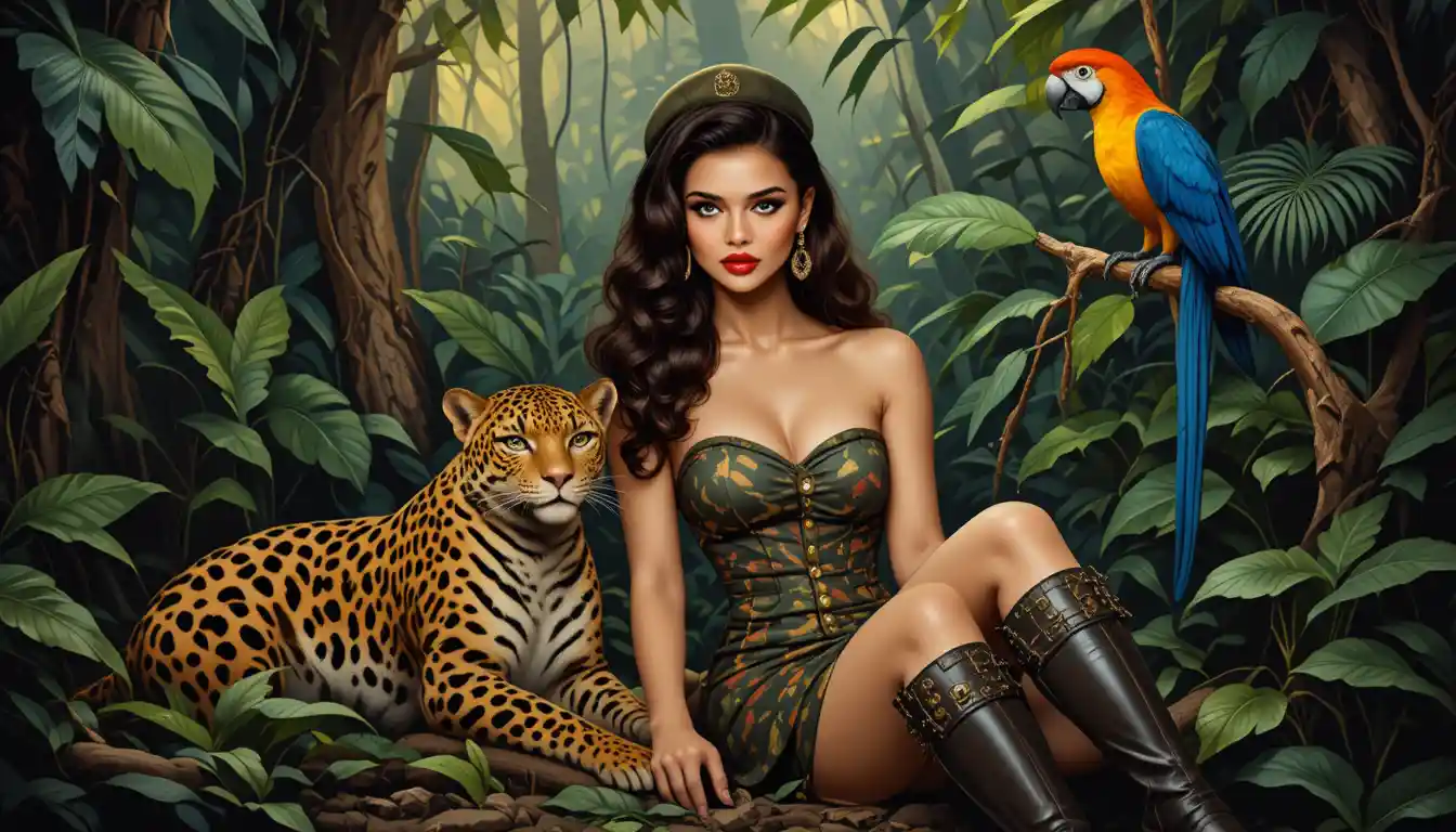 Giovane donna con animali della giungla in un dipinto a olio vintage