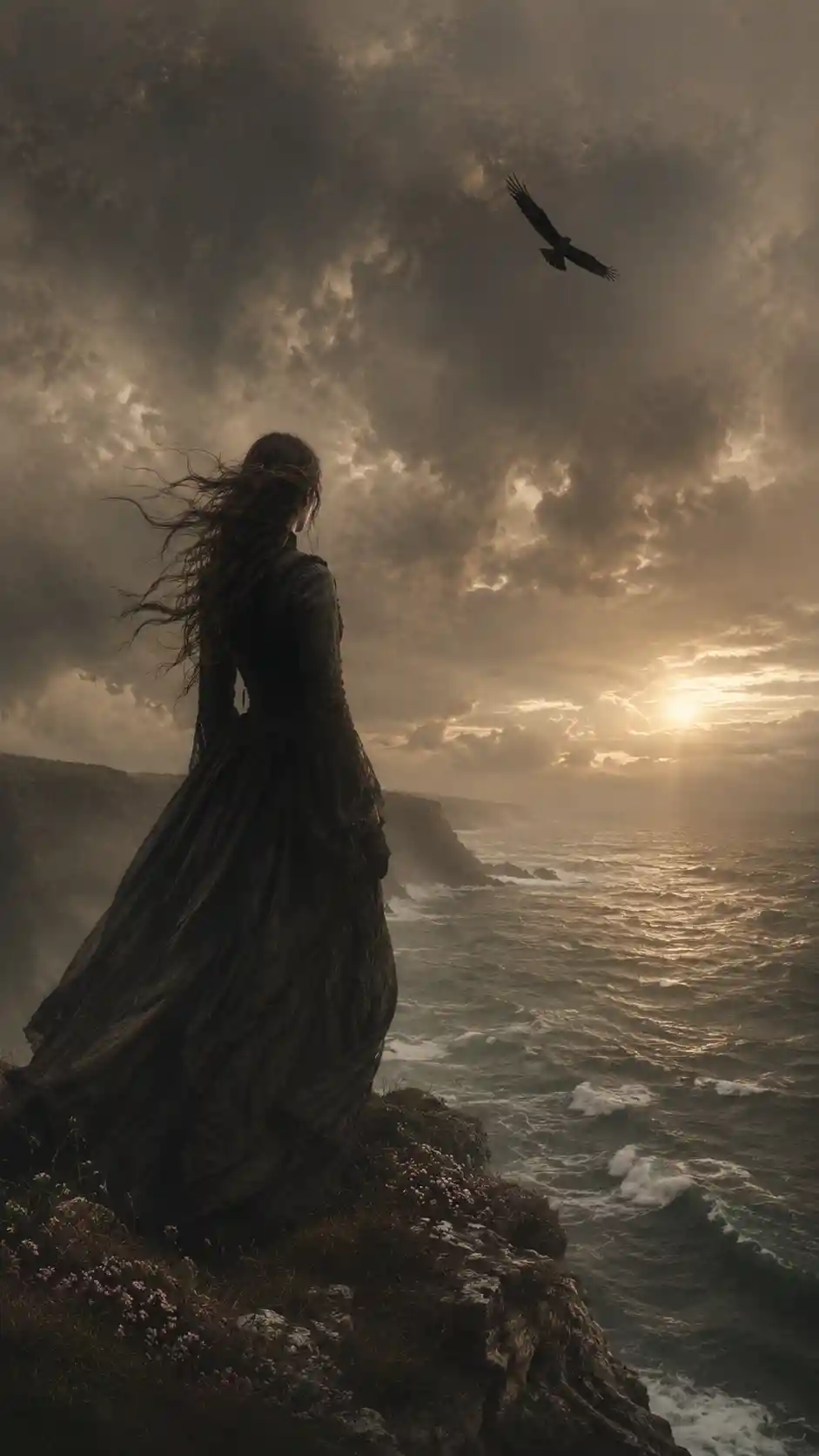 Lonely woman on sea cliff beneath stormy twilight sky