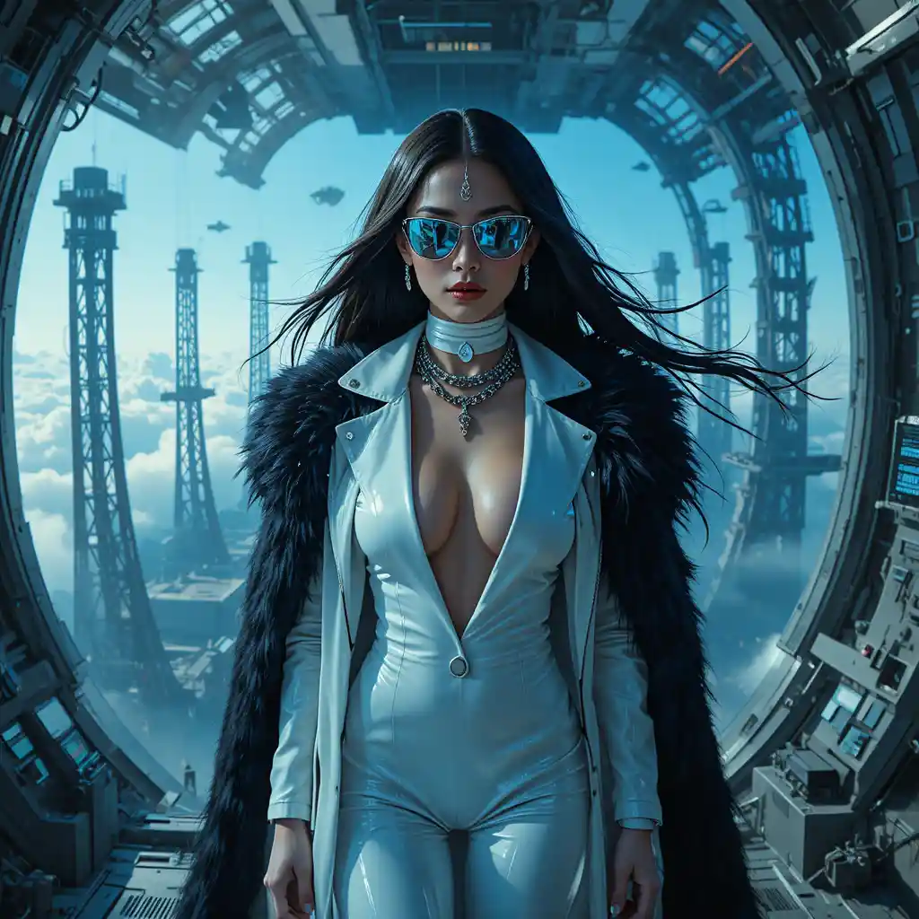 Cinematic sci fi femme fatale in orbital terminal