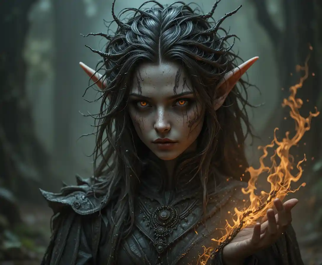 Corrupted elf druid with ashen skin and pale haunted eyes