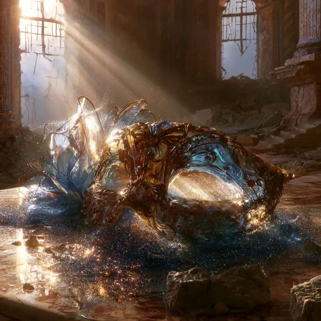 Colorful glass mask in ruins with glowing fairydust