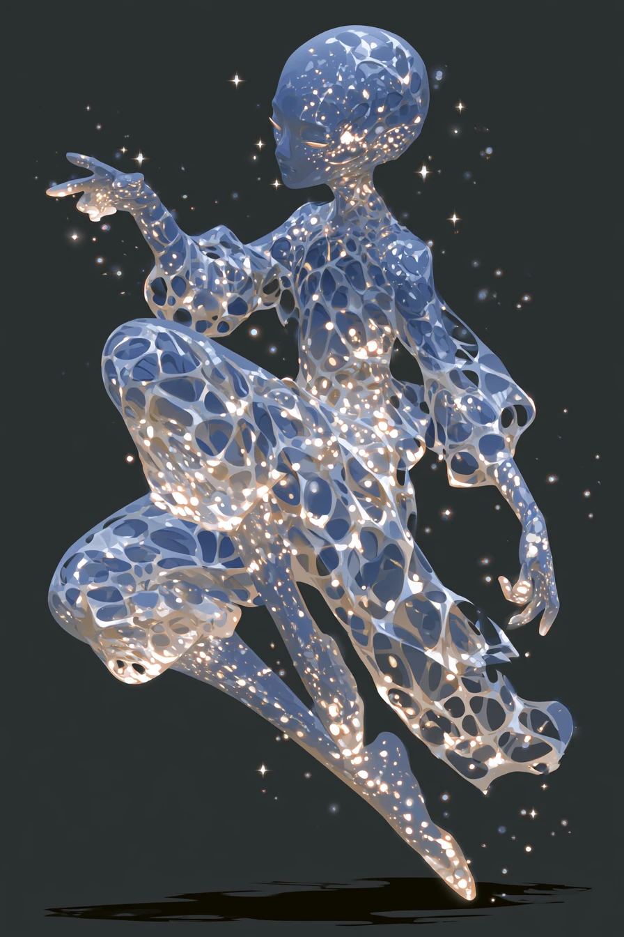 Opalescent alien creature with pearlescent limbs and outfit
