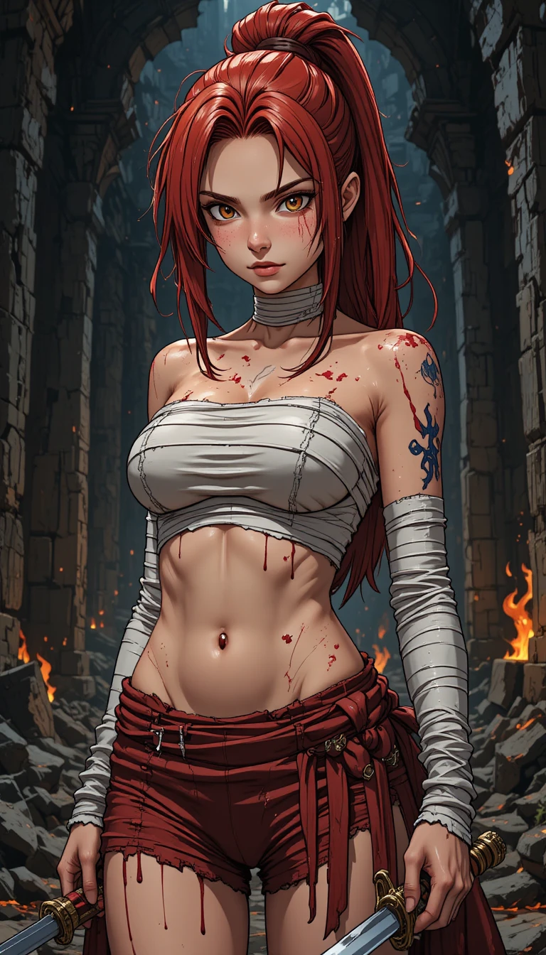 Anime warrior woman in ruins with sword and embers
