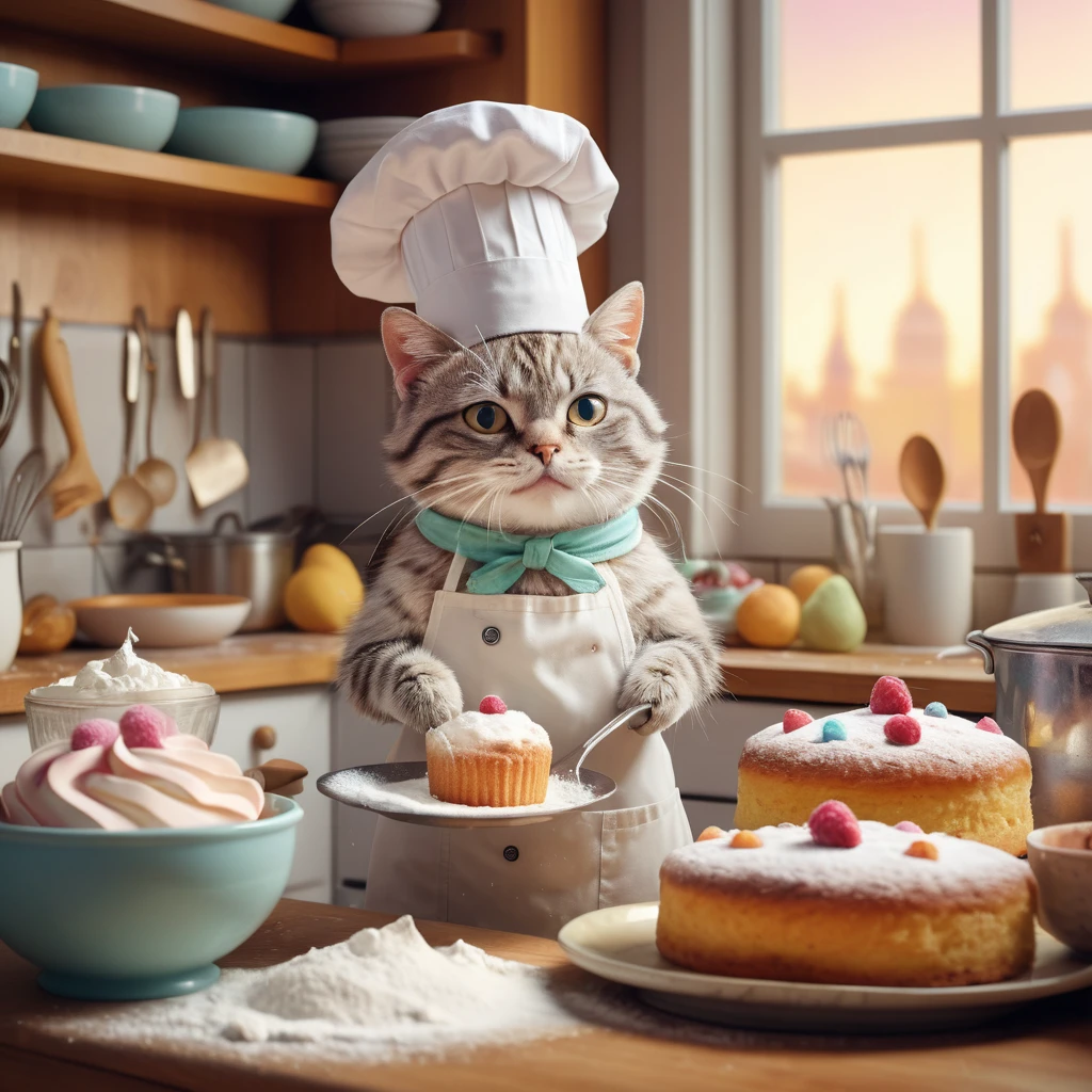 Cute pastry chef cat baking a cake in kitchen