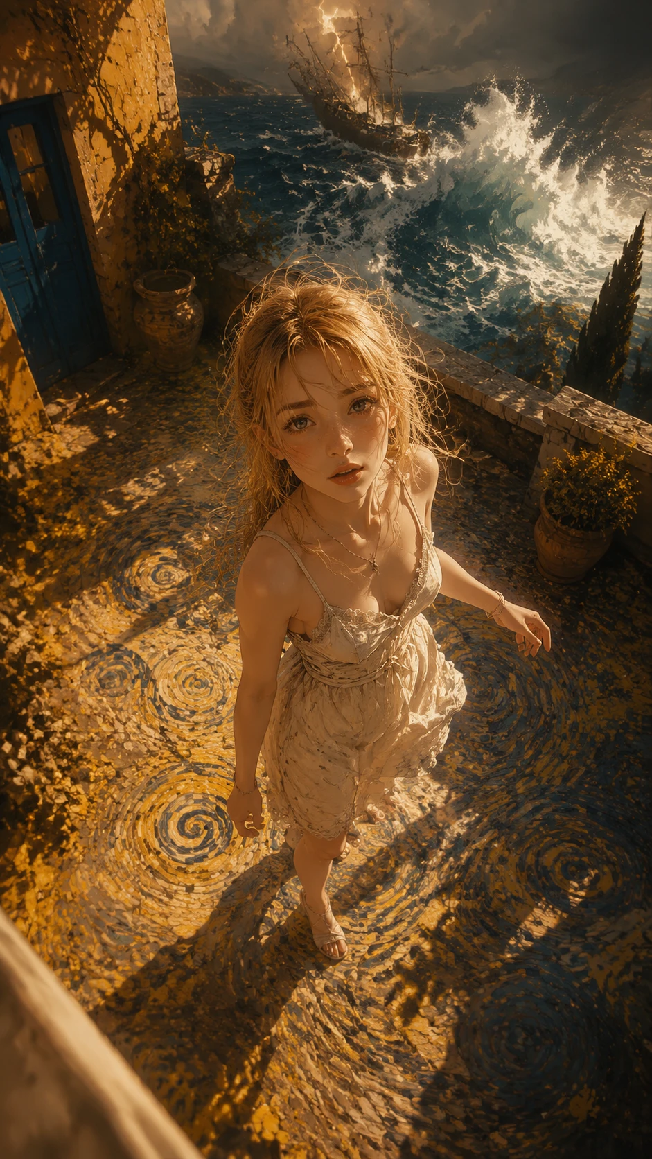 Anime girl in a sunlit Mediterranean courtyard from above