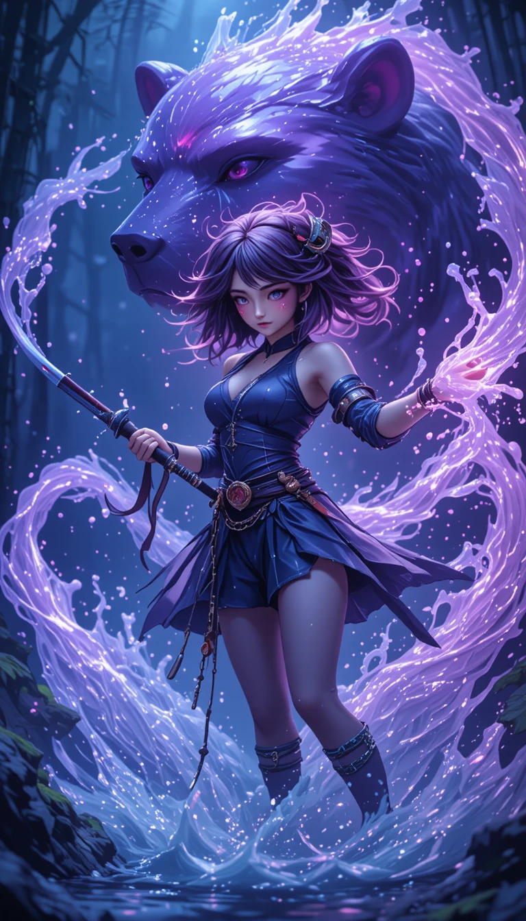 Anime warrior girl wielding water magic in bamboo forest
