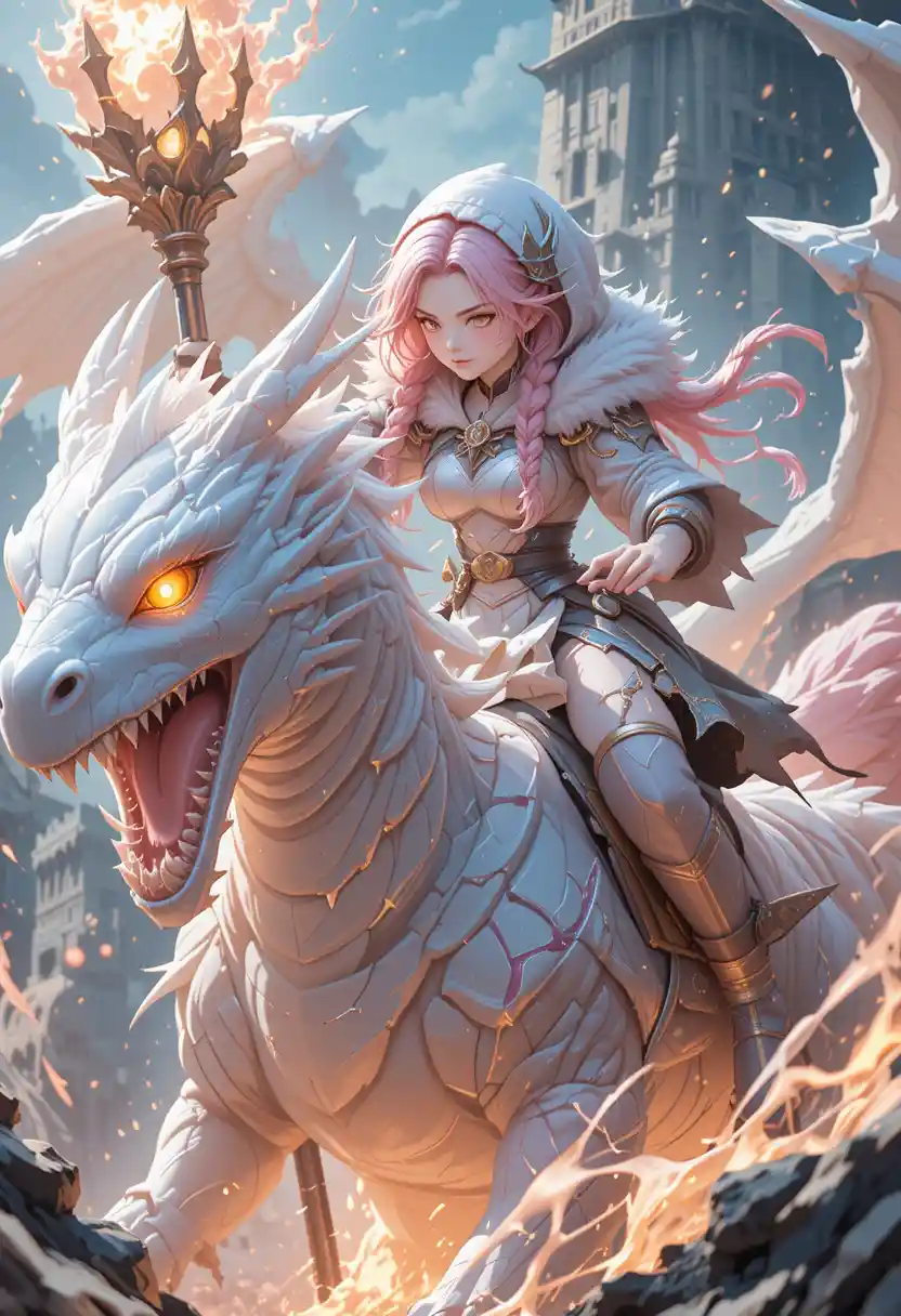 Pink haired warrior girl riding a blazing white beast