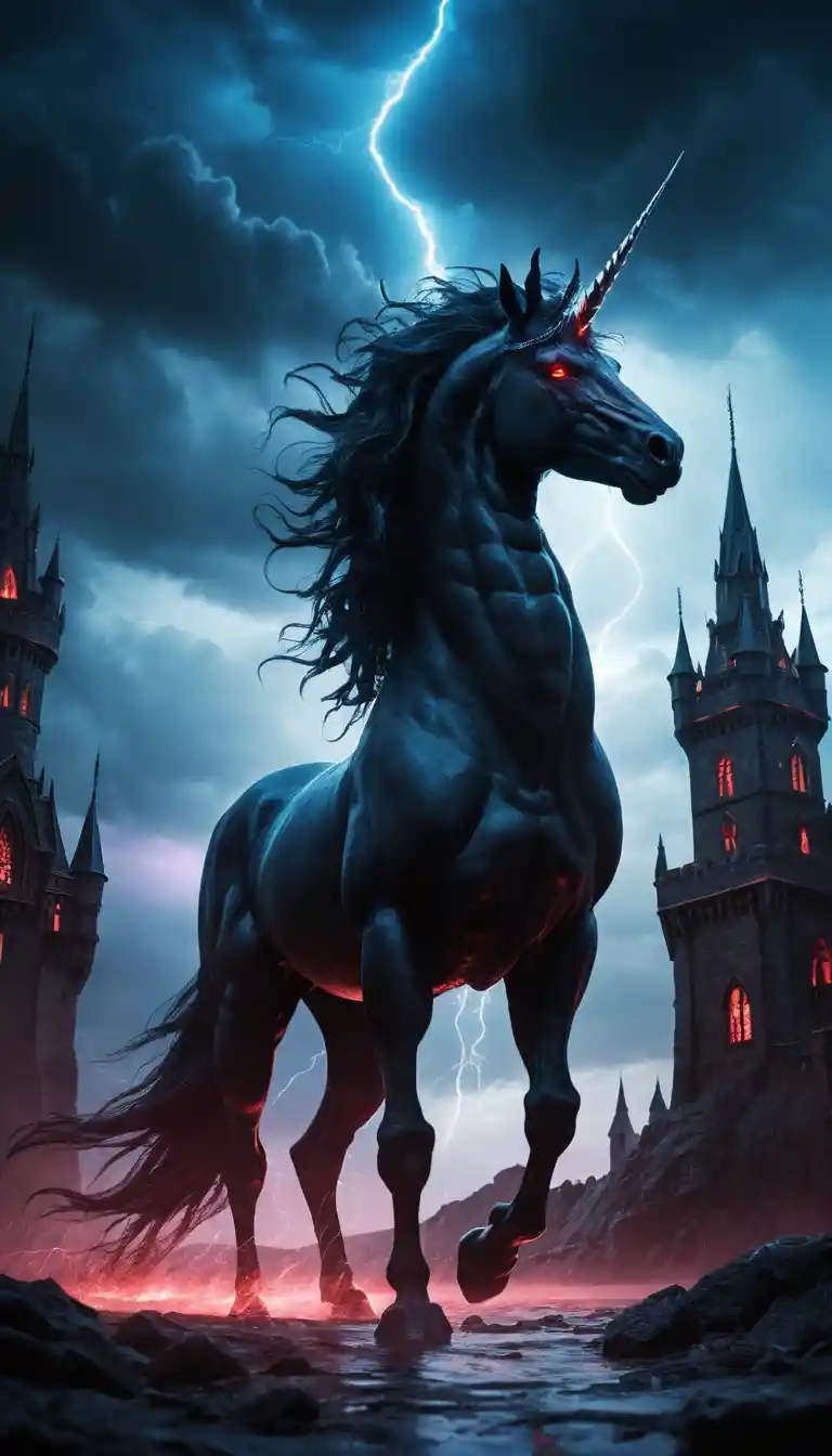 Menacing demon unicorn before a gothic castle storm