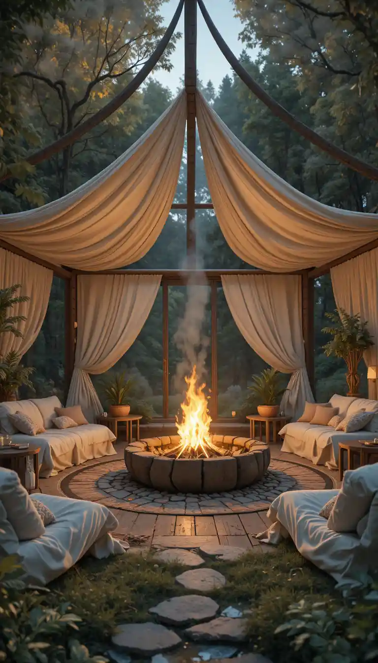 Evening campfire scene at an elegant adult summer retreat