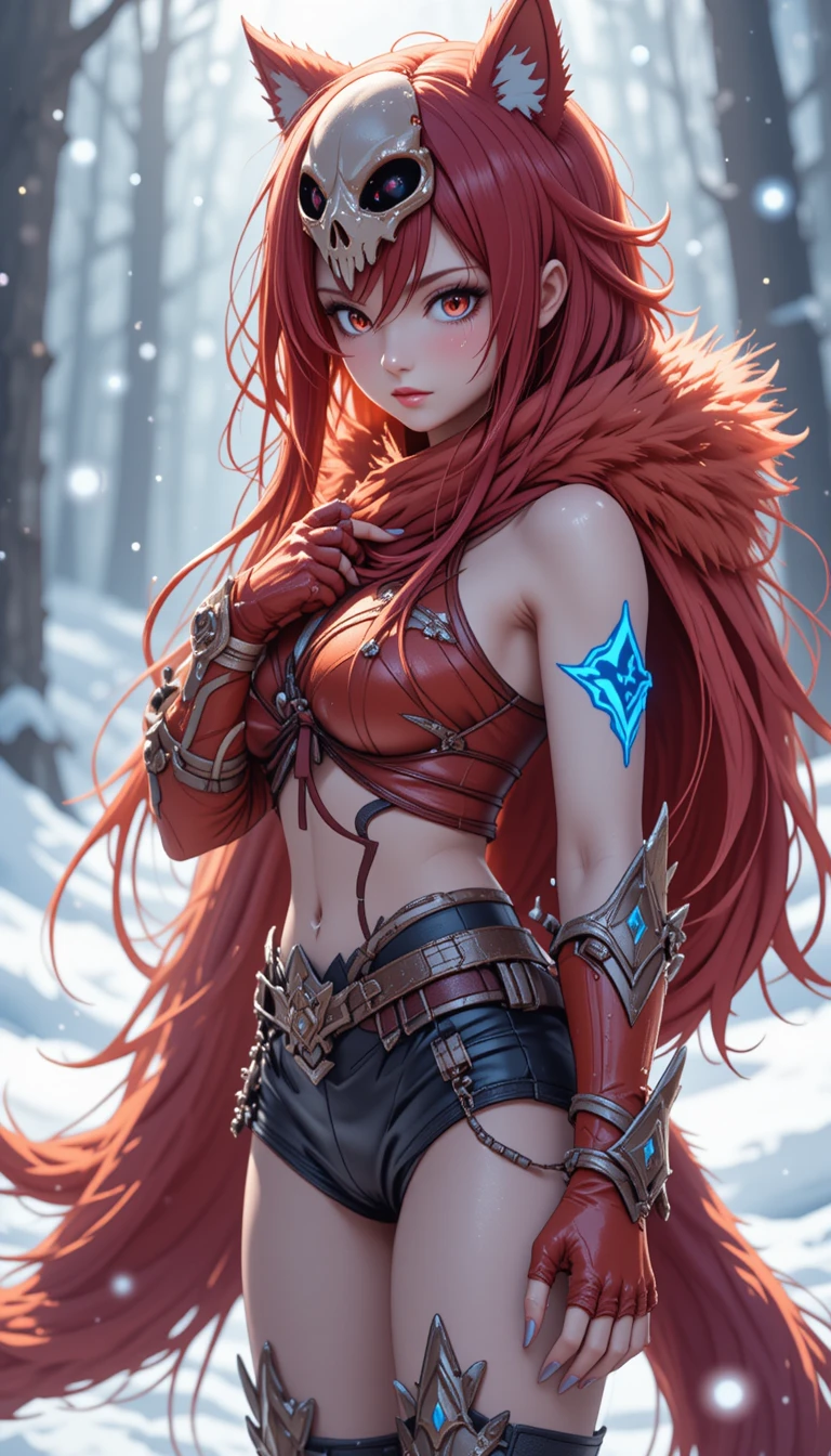 Anime wolf warrior woman with crimson hair in the snow